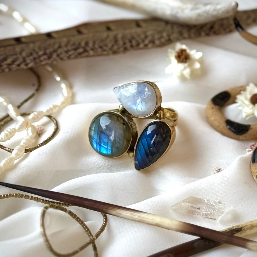 Triple Precious Gemstone Set Gold Plated Sterling Silver Statement Ring